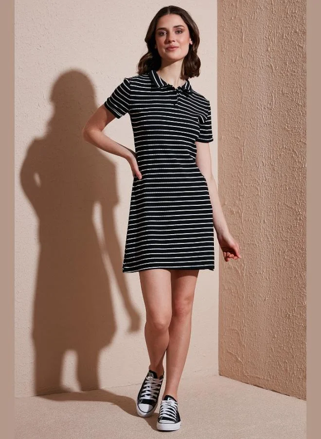 Lela Lela Striped Slim Fit Mini Length Buttoned Polo Collar Short Sleeve Dress Women's DRESS 5866151