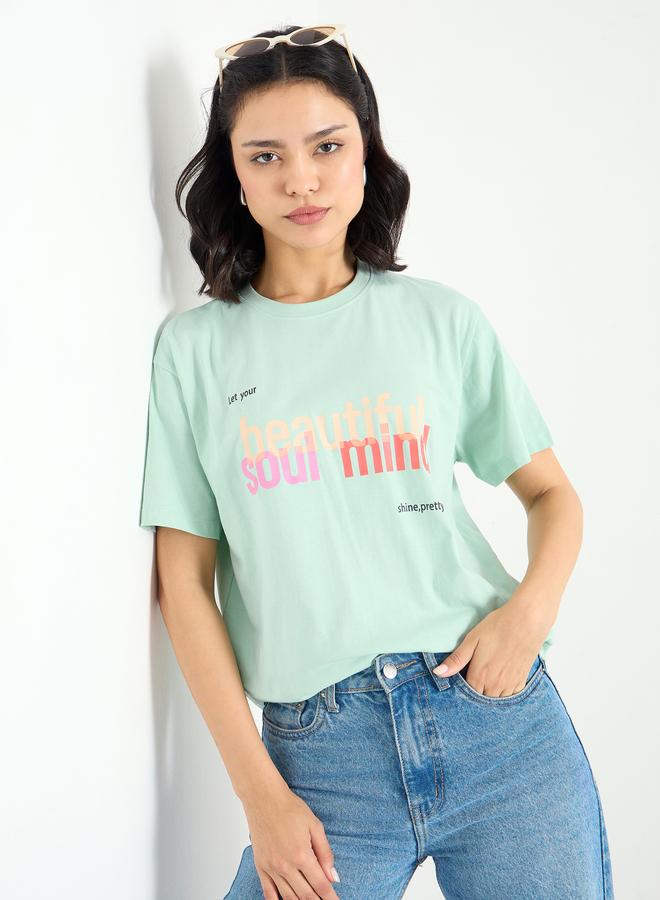 Styli Slogan Print Regular Fit 100% Cotton T-Shirt - Image 1