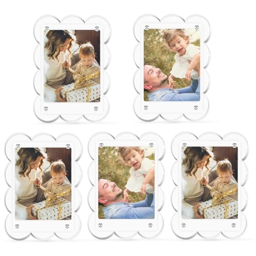 JUOIFIP 5 Pack 3x4 Inch Acrylic Polaroid Magnets Picture Frame for Refrigerator, Scalloped Clear Frames for Instax Photo, Wallet Size Mini Frame for Fridge - Image 1