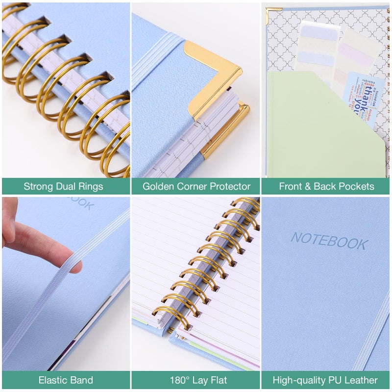 Amanple College Ruled Notebook, Spiral Notebook, Leather Hardcover Notebook Journal for Women Men, 5 Subject Notebook with Dividers, Journaling Notebooks for Work School, B5 Lined Notebook, 8" x 10", Blue - Image 5