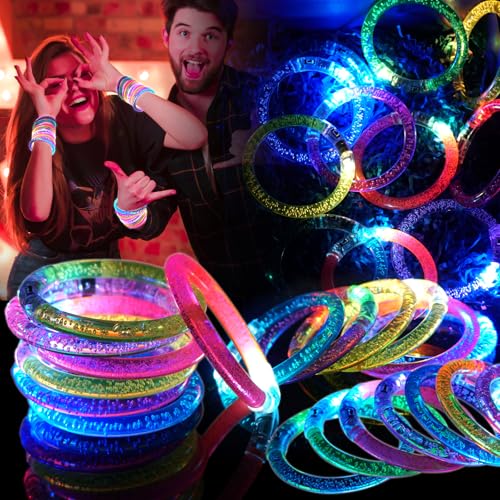 OLUPP 28 Pack Glow Bracelets Glow in the Dark Party Supplies 6 Color LED Light Up Bracelets for Adults Kids Birthday Party Favors Concert New Year Carnival Raves - Image 1