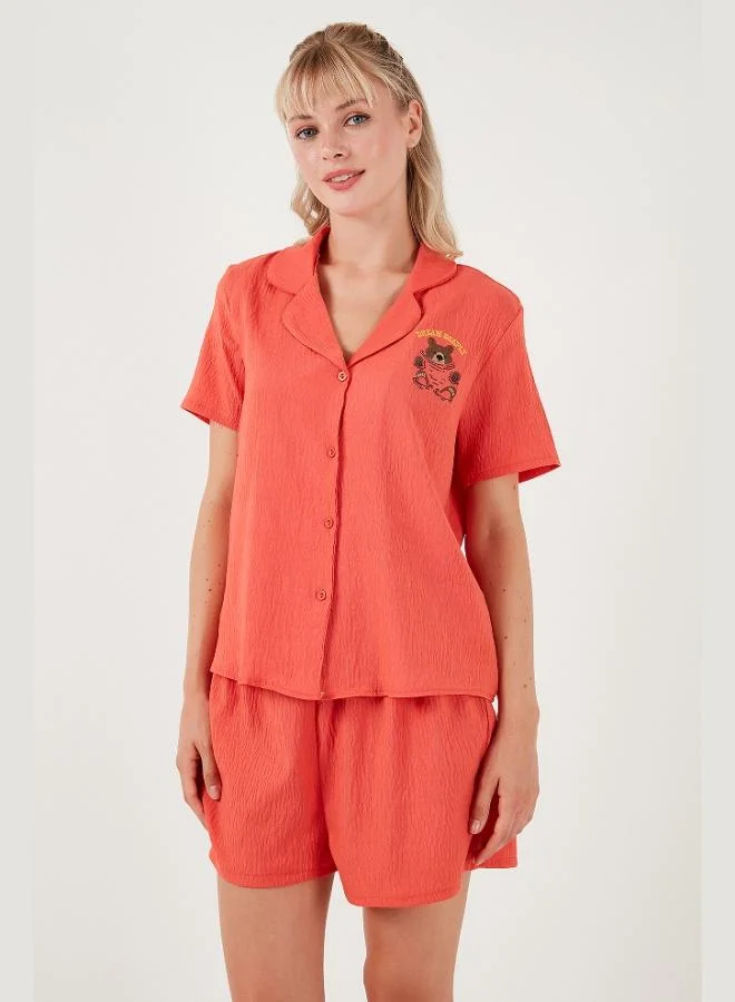 ليلا طقم بيجامة ليلا نسائي قصير الأكمام بياقة قميص وخصر مطاطي