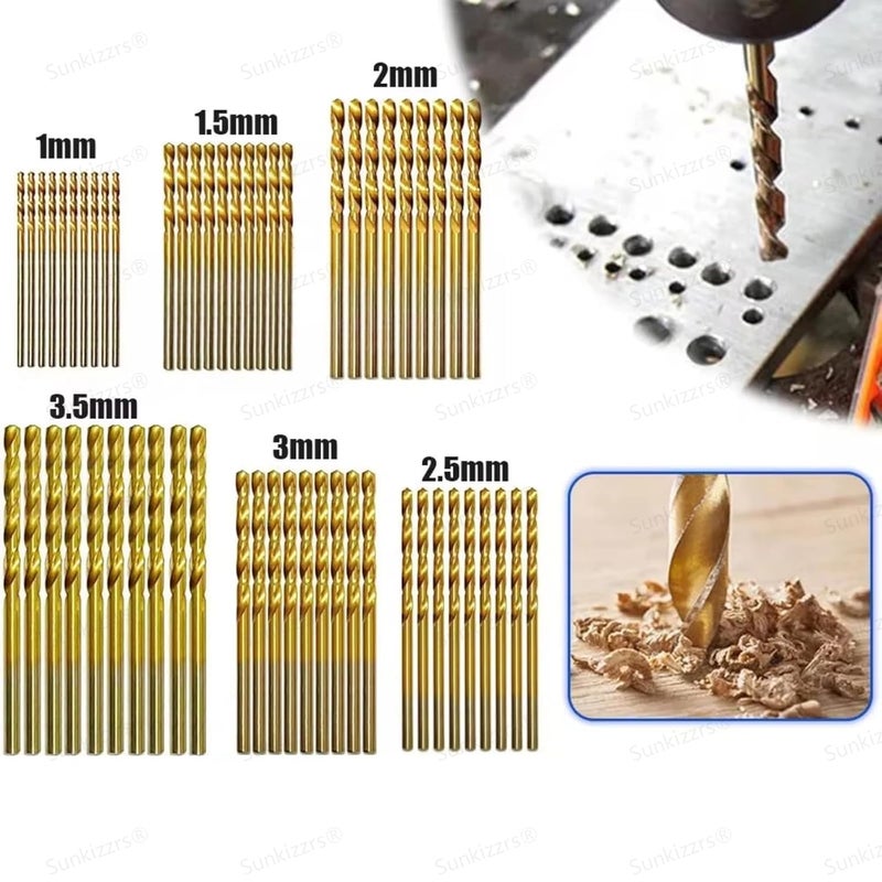 Sunkizzrs ® 50Pcs HSS Drill Bit Set (1/1.5/2/2.5/3mm) Wood Drill Bit Titanium Coated Twist Drill Set Standard Metal High Speed Steel Twist Drill Bits Straigth Shank (Gold) - Image 4