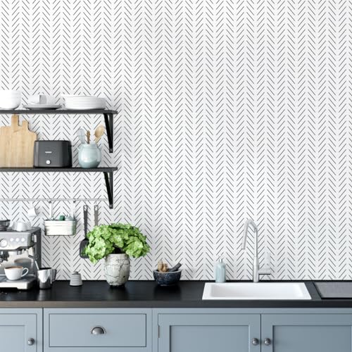 Erfoni Black and White Peel and Stick Wallpaper Modern Herringbone Contact Paper 17.7inch x 393.7inch Black Geometric Removable Wallpaper Modern DIY Self Adhesive Wall Paper for Livingroom Decor - Image 3