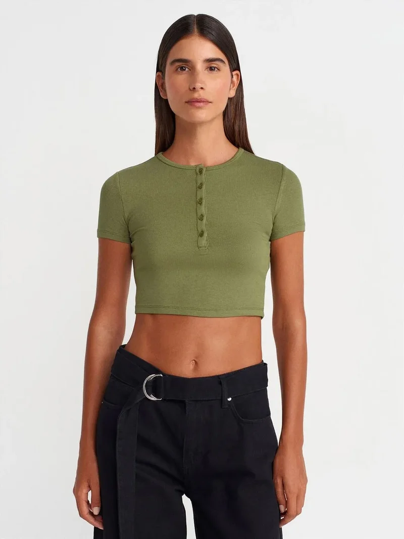 Dilvin DILVIN Slim Fit Crop Blouse With Buttons