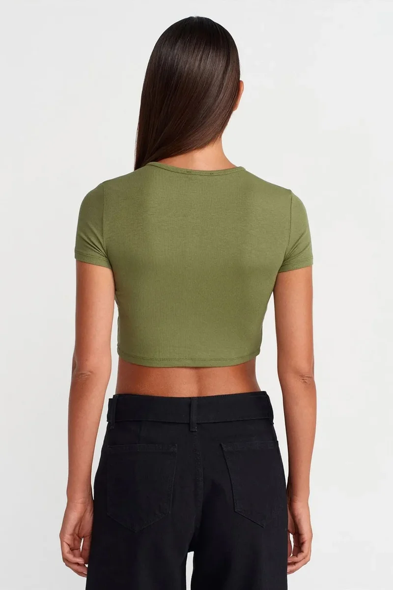 Dilvin Olive Green DILVIN Slim Fit Crop Blouse With Buttons for Women | Best Price UAE