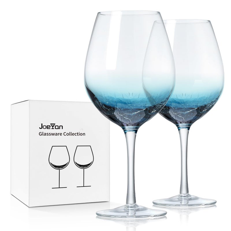 Joeyan Blue Crackle Wine Glass Goblet Set of 2 630ml Large Hand Blown Crystal Red and White Wine Glasses Colored Drinking Glass Cup for Wedding Christmas Birthday Anniversary Party