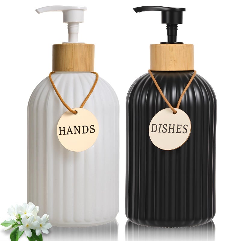 ViserVita 2 Pack ViserVita Glass Hand Soap Dispenser Set with Bamboo Pump, Elegant Refillable Liquid Dish Soap Dispenser, Perfect for Kitchen Sink and Bathroom Decor - Image 1