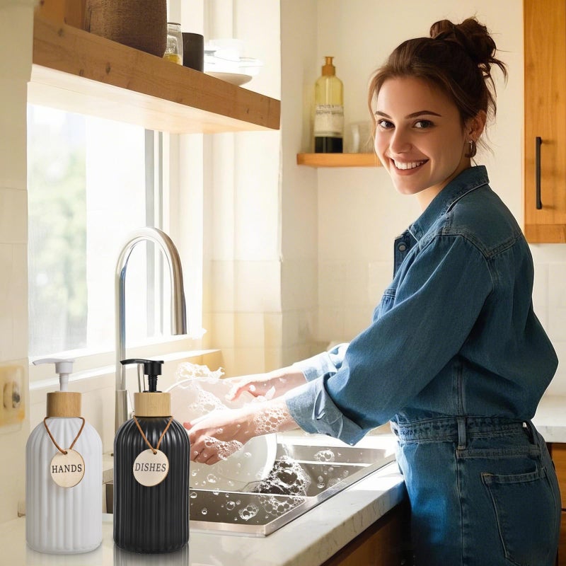 ViserVita 2 Pack ViserVita Glass Hand Soap Dispenser Set with Bamboo Pump, Elegant Refillable Liquid Dish Soap Dispenser, Perfect for Kitchen Sink and Bathroom Decor - Image 2