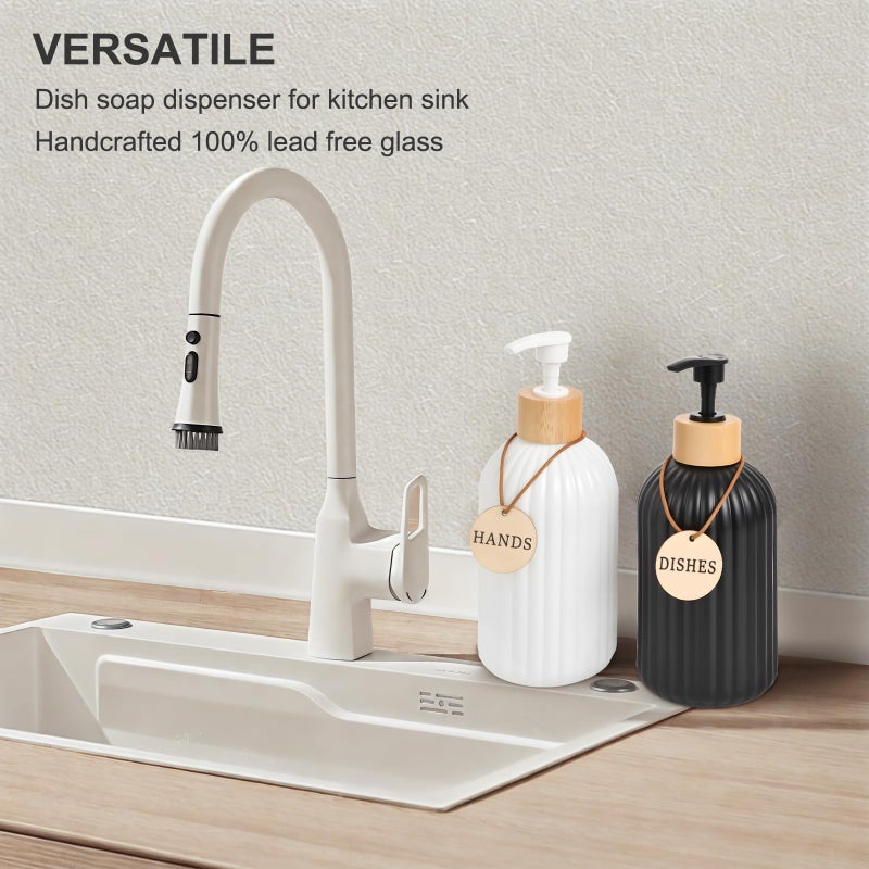 ViserVita 2 Pack ViserVita Glass Hand Soap Dispenser Set with Bamboo Pump, Elegant Refillable Liquid Dish Soap Dispenser, Perfect for Kitchen Sink and Bathroom Decor - Image 4