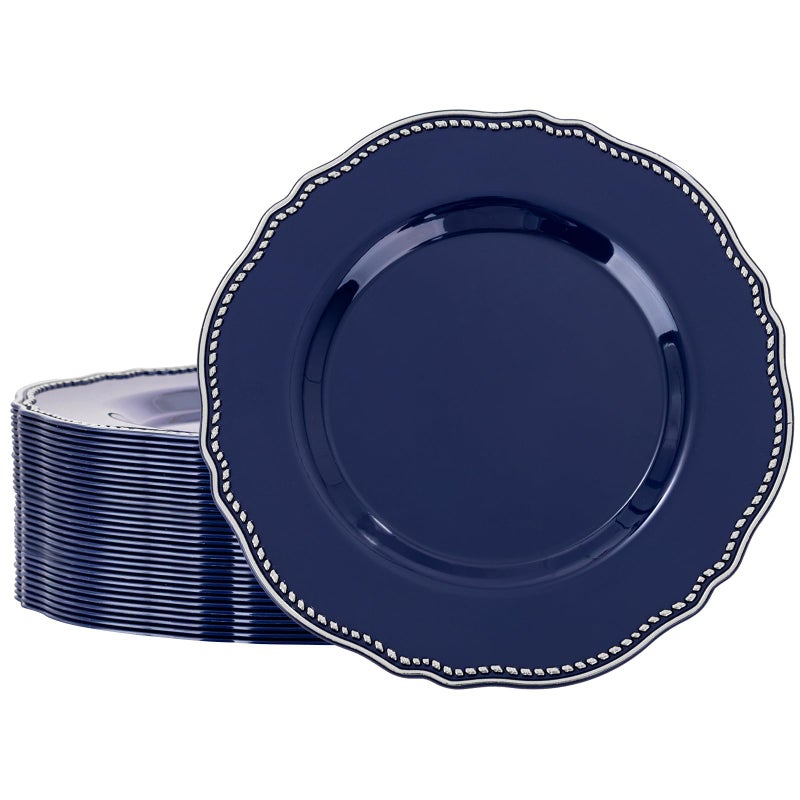 Hioasis 60pcs Blue Plastic Plates - Blue and Silver Disposable Dinnerware with Gold Rim, Heavy-duty, 10.25 inch, Dinner Plates for Party & Wedding - Image 1