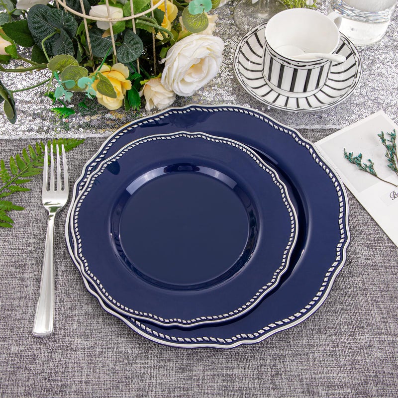Hioasis 60pcs Blue Plastic Plates - Blue and Silver Disposable Dinnerware with Gold Rim, Heavy-duty, 10.25 inch, Dinner Plates for Party & Wedding - Image 2
