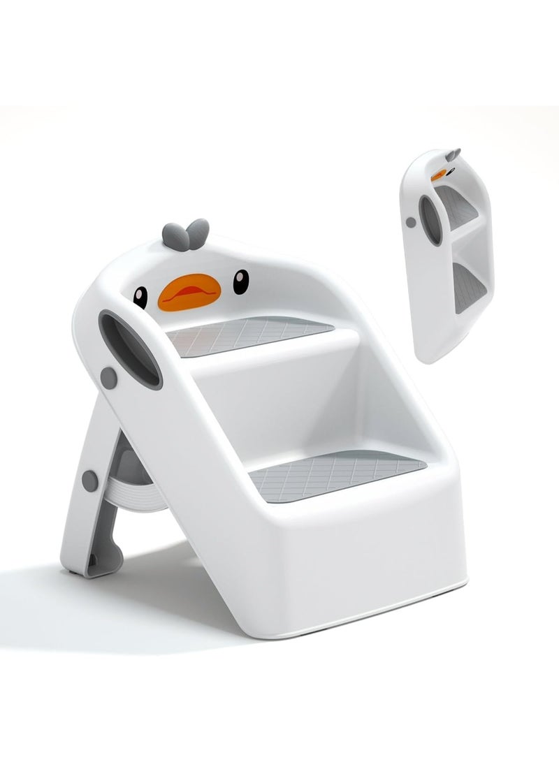 تراسل كرسي متدرج للأطفال الصغار لحوض استحمام الأطفال رمادي وأبيض | كرسي متدرج قابل للطي للأطفال من عمر 1-4 سنوات | مساعد مطبخ للأطفال بارتفاع مناسب مع مقابض - سهل الحركة، مقاوم للانزلاق - Image 1