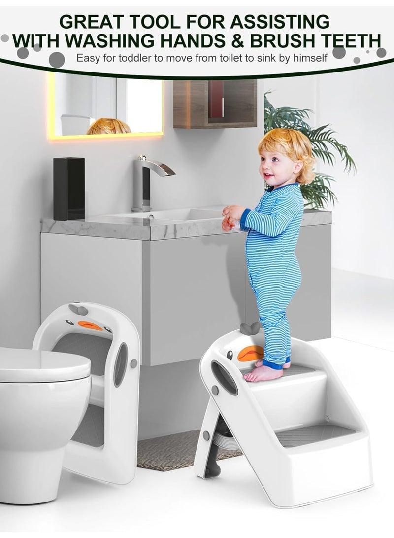 تراسل كرسي متدرج للأطفال الصغار لحوض استحمام الأطفال رمادي وأبيض | كرسي متدرج قابل للطي للأطفال من عمر 1-4 سنوات | مساعد مطبخ للأطفال بارتفاع مناسب مع مقابض - سهل الحركة، مقاوم للانزلاق - Image 5