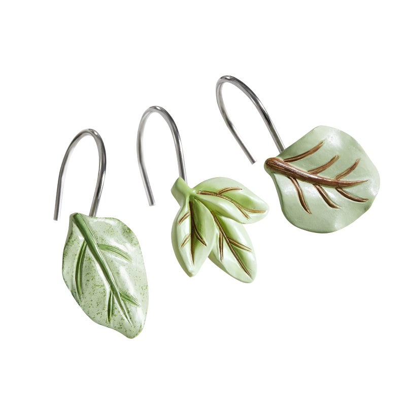 YoKii YoKii 12PCS Plant Leaves Decorative Shower Curtain Hooks for Green Tropical Botanical Plam Tree Leaf Shower Curtains Hooks Metal Rustproof Cute Eucalyptus Shower Curtain Rings Bathroom Decoration