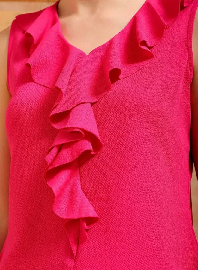 Freehand  Women Regular Fit Solid V-Neck Sleeveless Ruffled Top  | Best Price UAE