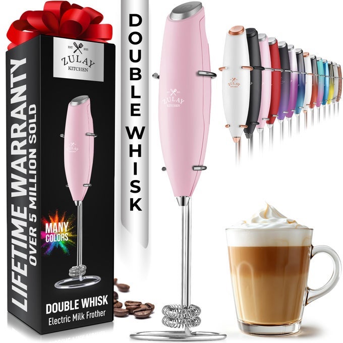 POWERFUL DOUBLE WHISK MILK FROTHER HANDHELD FOAM MAKER WITH STAND WHISK DRINK MIXER FOR COFFEE MINI FOAMER FOR LATTE MATCHA FRAPPE HOT CHOCOLATE CAPPUCCINO PINK