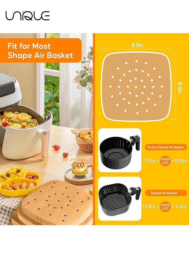 Unique - 100Pcs 8.5 inch Air Fryer Parchment Paper Liners, Unbleached Air Fryer Paper Liners Disposable，Non-Stick & Heavy Duty Square Perforated Parchment Paper for Steamer, Oven, Air Fryer - Image 1
