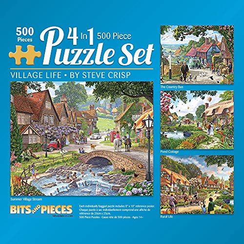 Bits and Pieces قطع وأجزاء 4 في 1 مجموعة متعددة 500 قطعة ألغاز للبالغين حياة القرية بواسطة الفنان ستيف كريسب حجم اللغز المكتمل 16 × 20 - Image 1