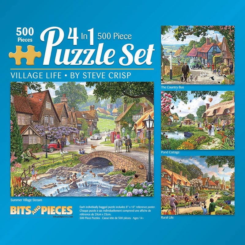 Bits and Pieces قطع وأجزاء 4 في 1 مجموعة متعددة 500 قطعة ألغاز للبالغين حياة القرية بواسطة الفنان ستيف كريسب حجم اللغز المكتمل 16 × 20 - Image 2