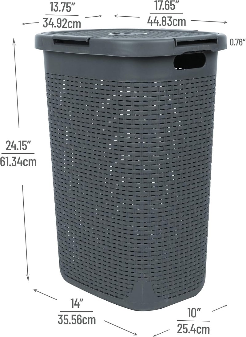 Mind Reader 60L Slim Laundry Hamper with Lid, Wicker Design, Grey - Image 3