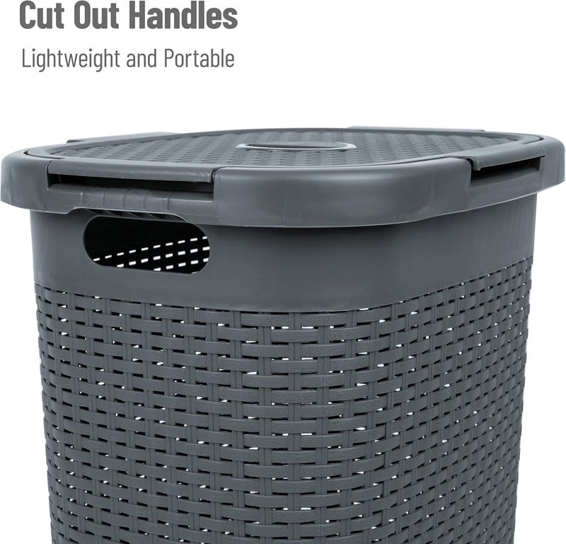 Mind Reader 60L Slim Laundry Hamper with Lid, Wicker Design, Grey - Image 4