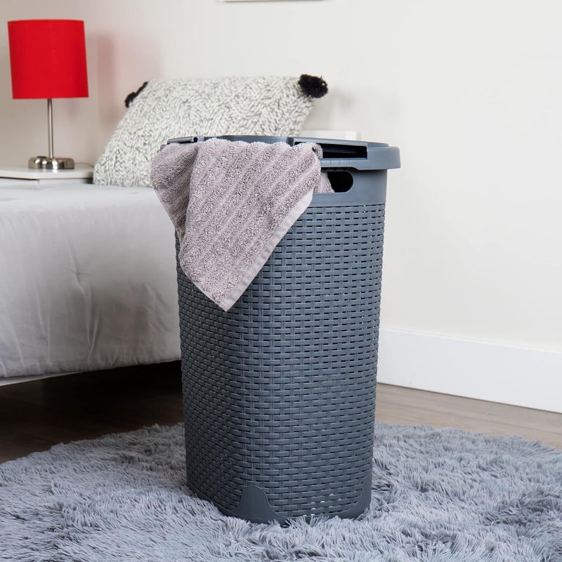 Mind Reader 60L Slim Laundry Hamper with Lid, Wicker Design, Grey - Image 2