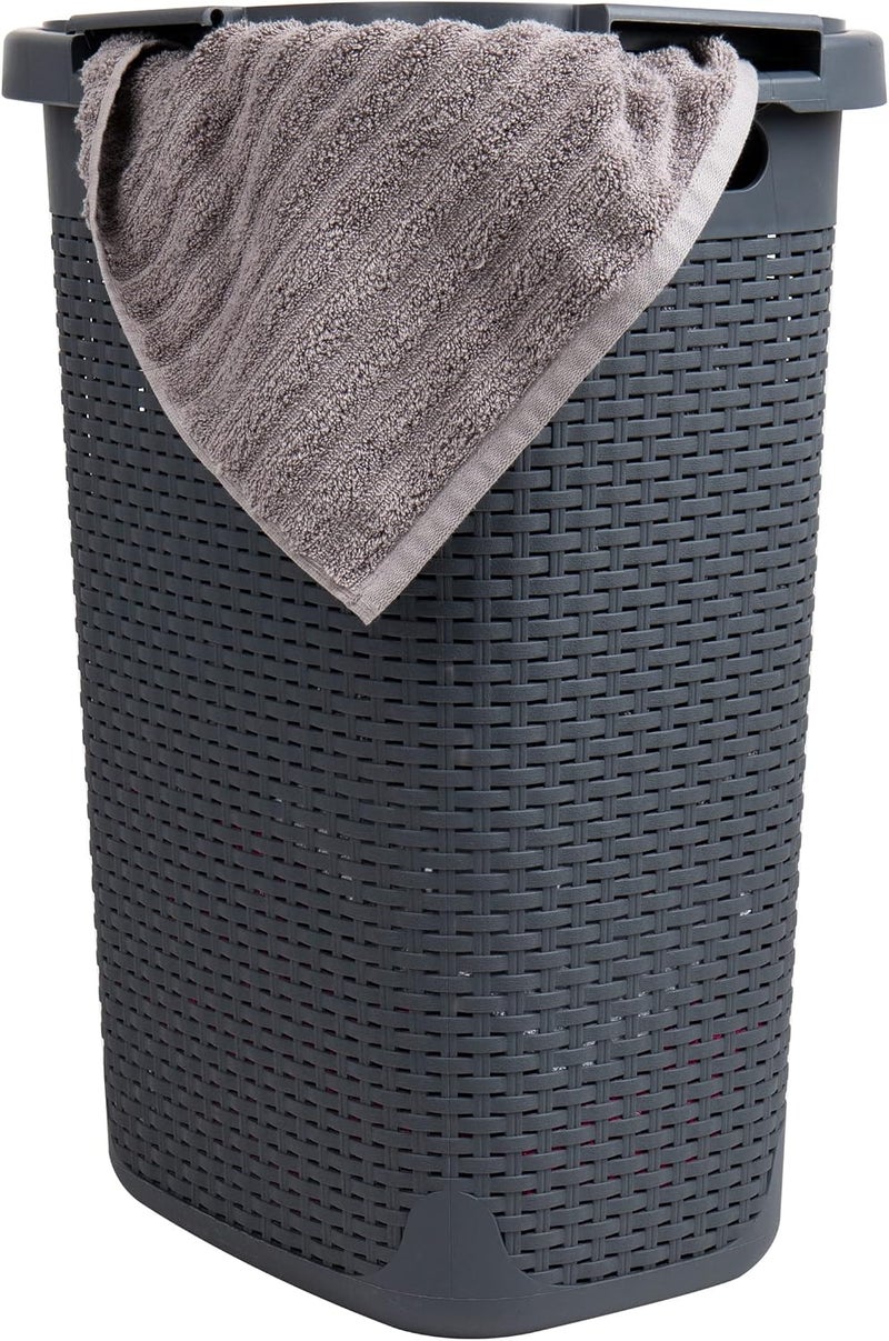 Mind Reader 60L Slim Laundry Hamper with Lid, Wicker Design, Grey - Image 1