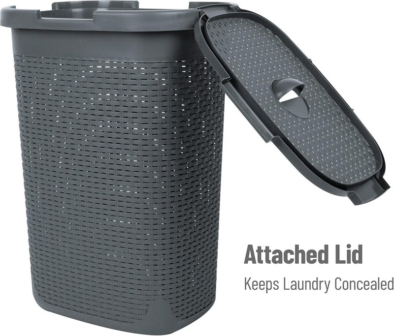 Mind Reader 60L Slim Laundry Hamper with Lid, Wicker Design, Grey - Image 5