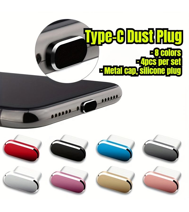 4pcs Mixed Color Mobile Phone Dust Plugs Type C Charging Port Metal Cover Set - Image 1