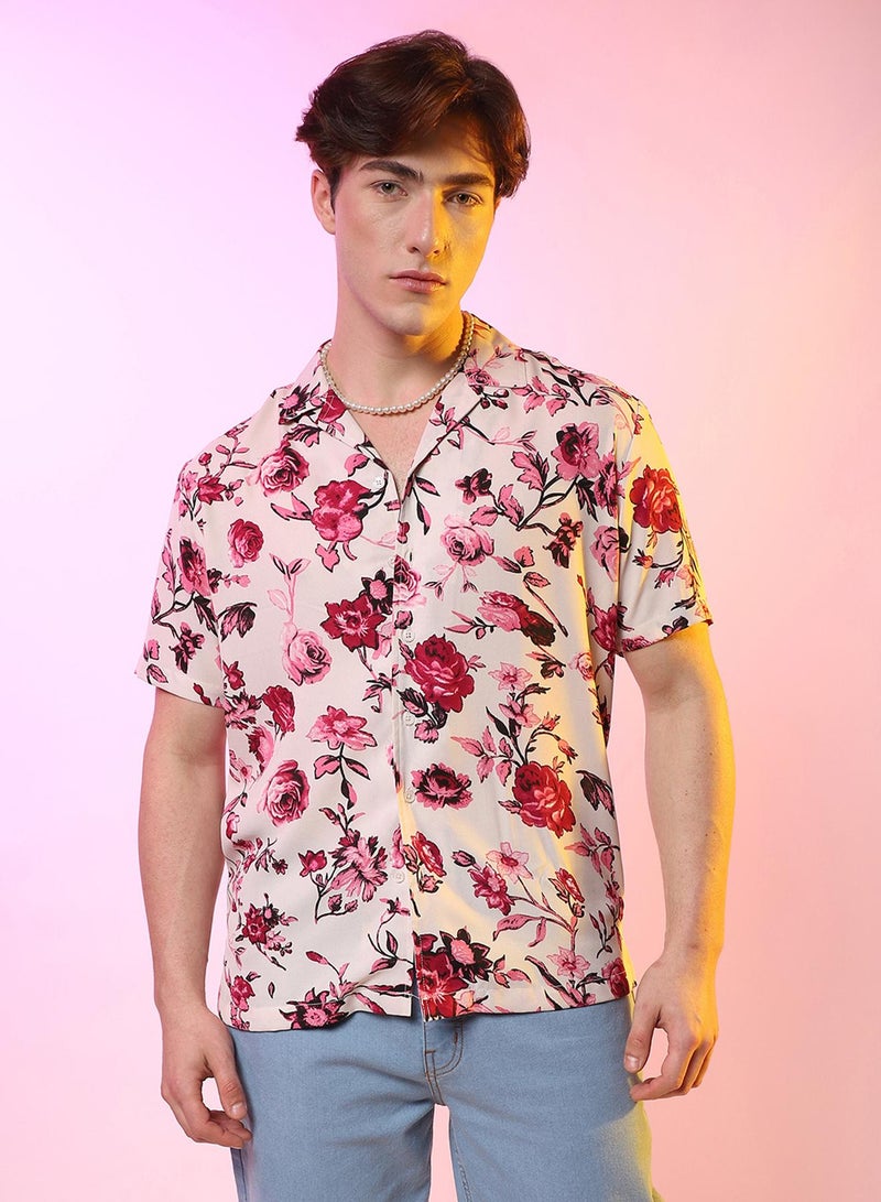 Campus Sutra Campus Sutra Men's Vermillion Red & Ivory White Rose Shirt For Casual Wear | Spread Collar | Short Sleeve | Button Closure | Shirt Crafted With Comfort Fit For Casual Wear  - Image 2