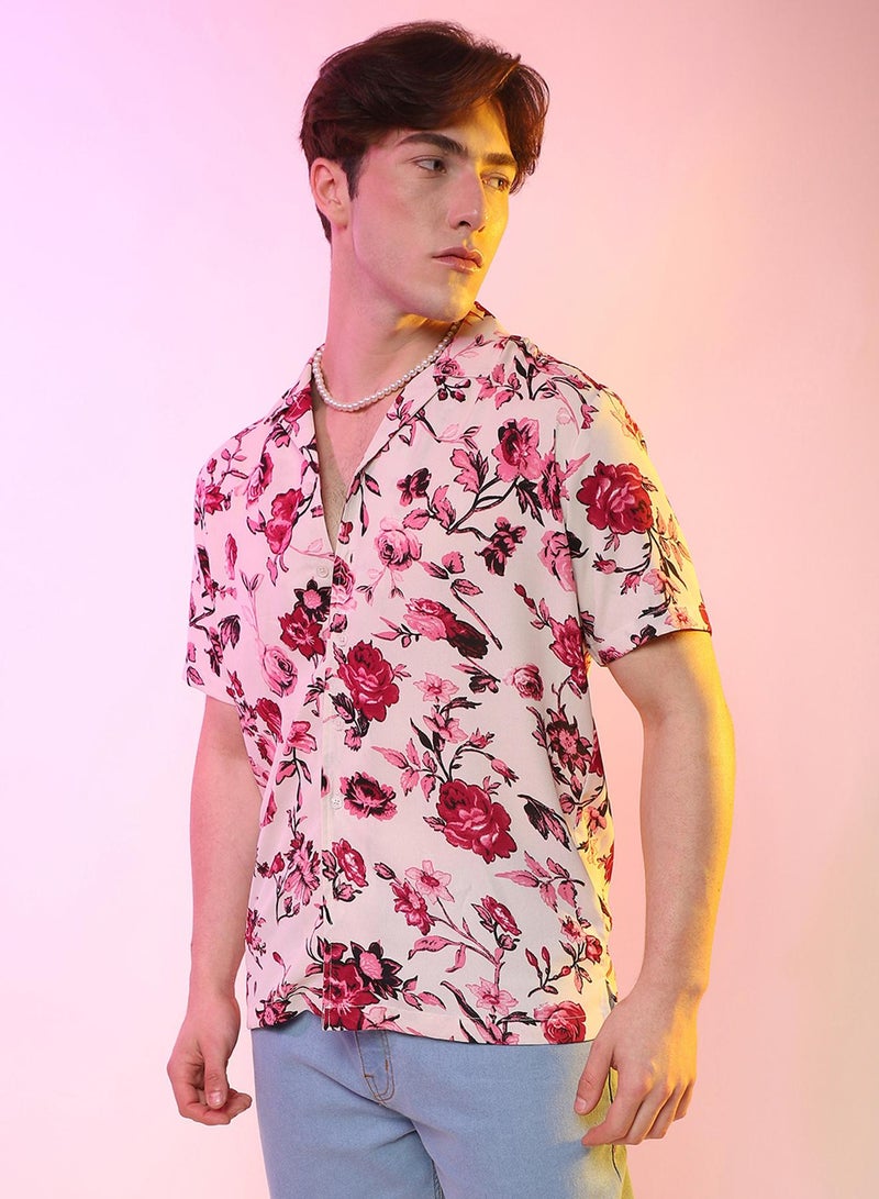 Campus Sutra Campus Sutra Men's Vermillion Red & Ivory White Rose Shirt For Casual Wear | Spread Collar | Short Sleeve | Button Closure | Shirt Crafted With Comfort Fit For Casual Wear  - Image 3