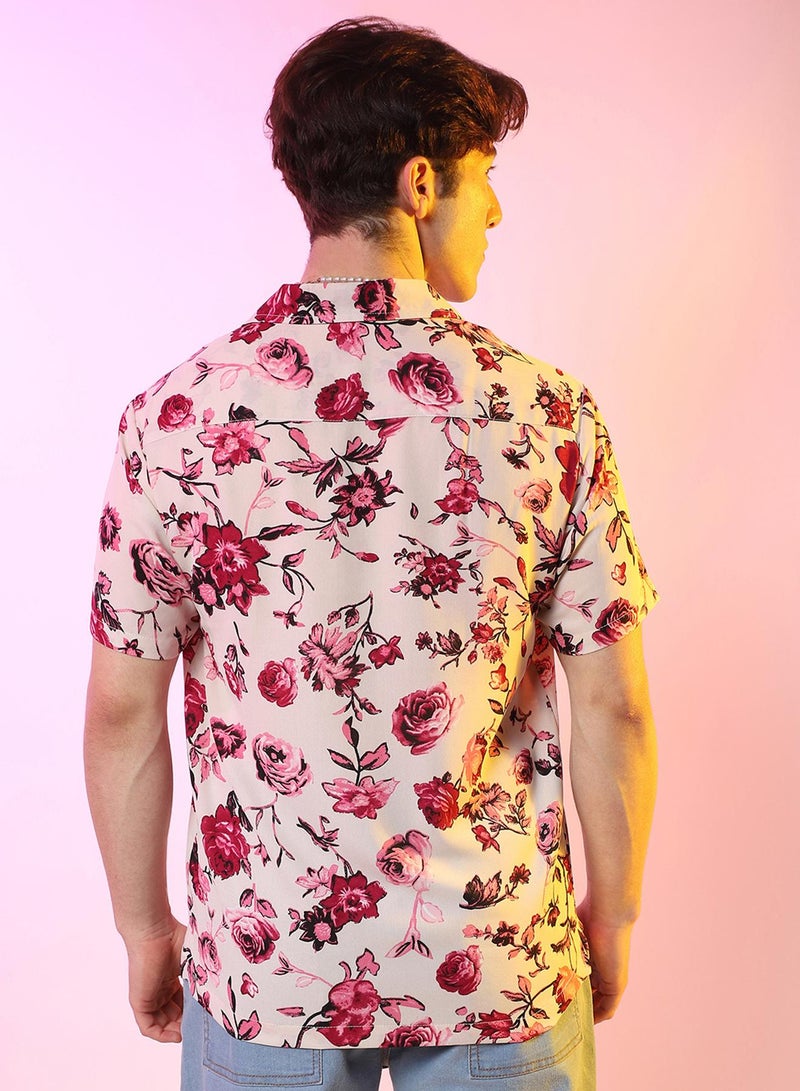 Campus Sutra Campus Sutra Men's Vermillion Red & Ivory White Rose Shirt For Casual Wear | Spread Collar | Short Sleeve | Button Closure | Shirt Crafted With Comfort Fit For Casual Wear  - Image 5