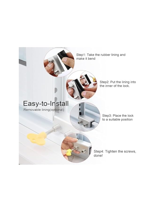 The Bros أقفال نوافذ منزلقة مع مفتاح، 4 مجموعات من أقفال الأمان الألمنيوم للنوافذ المنزلقة، أقفال أبواب ونوافذ منزلقة قابلة للتعديل، قفل نافذة أمان للشرفات، غرف النوم، المنازل ومكاتب النوافذ (فضي) - Image 4