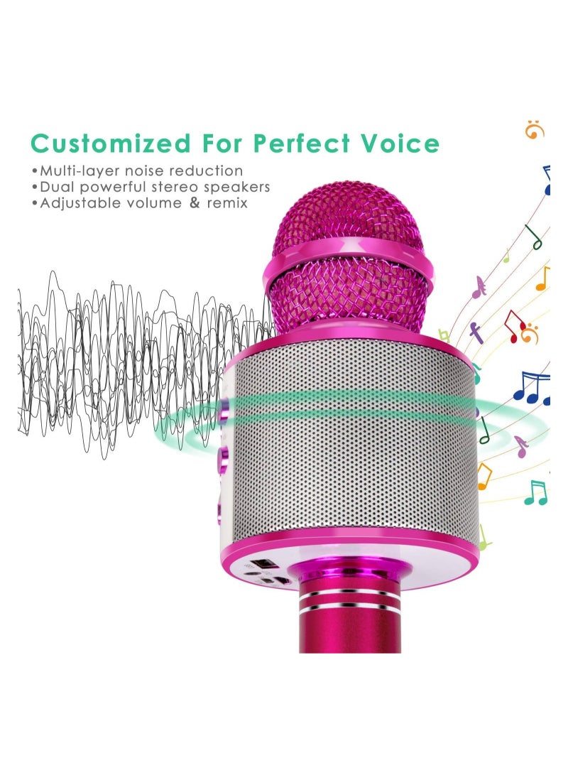 إلترازون Wireless Bluetooth Karaoke Microphone for Kids, 5-in-1 Portable Handheld Karaoke Mic Speaker Player Recorder with Adjustable Remix FM Radio for Kids Girls Boys Teens Birthday (858-Hot Pink) - Image 2