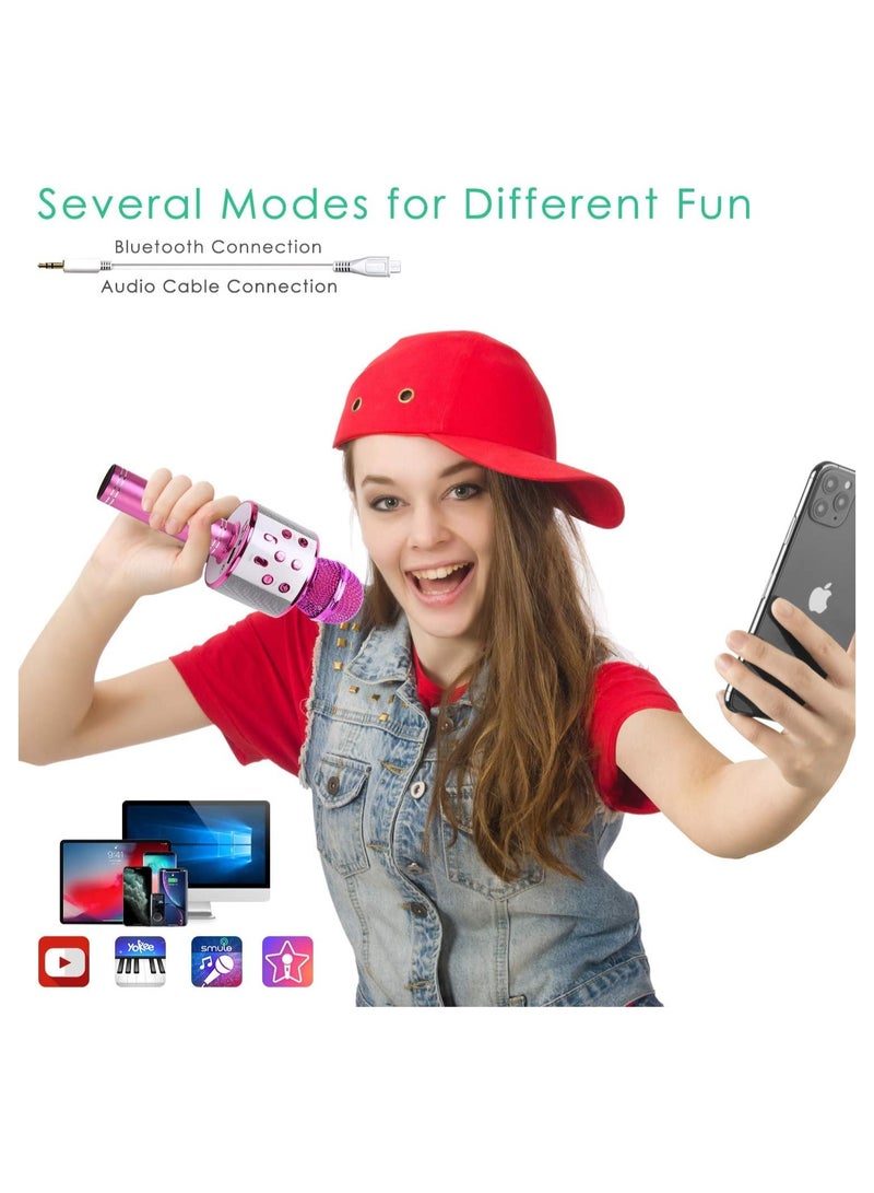 إلترازون Wireless Bluetooth Karaoke Microphone for Kids, 5-in-1 Portable Handheld Karaoke Mic Speaker Player Recorder with Adjustable Remix FM Radio for Kids Girls Boys Teens Birthday (858-Hot Pink) - Image 4