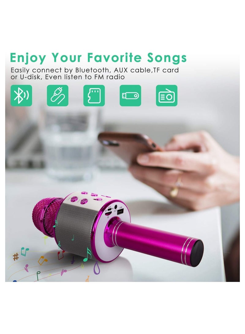 إلترازون Wireless Bluetooth Karaoke Microphone for Kids, 5-in-1 Portable Handheld Karaoke Mic Speaker Player Recorder with Adjustable Remix FM Radio for Kids Girls Boys Teens Birthday (858-Hot Pink) - Image 3