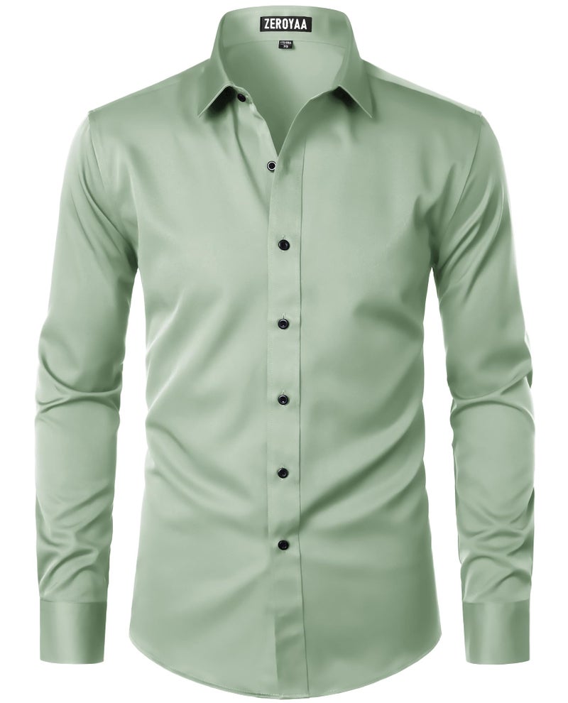 ZEROYAA Men's Long Sleeve Dress Shirt Fitted Wrinkle-Free Casual Business Button Up Shirts ZSSCL07-Sage Green Medium - Image 1