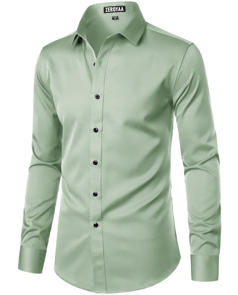 ZEROYAA Men's Long Sleeve Dress Shirt Fitted Wrinkle-Free Casual Business Button Up Shirts ZSSCL07-Sage Green Medium - Image 2