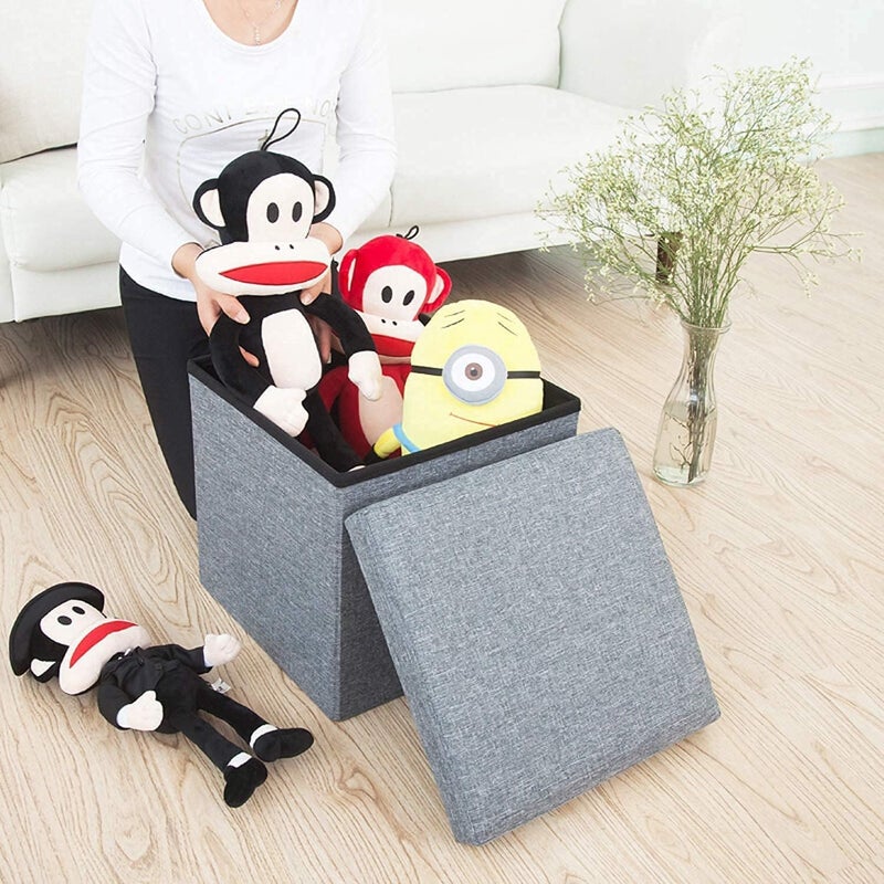 Foxelli Storage Ottoman Cube Linen Small Foot Seat Living Room Bedroom Home Office Dorm Storage Footrest Grey 30 X 30 X 30 Cm Velvet Tufted Folding Ottomans With Lid Footstool Rest Padded Seat Bedroom - Image 2