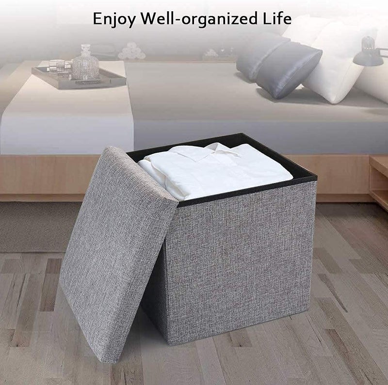 Foxelli Storage Ottoman Cube Linen Small Foot Seat Living Room Bedroom Home Office Dorm Storage Footrest Grey 30 X 30 X 30 Cm Velvet Tufted Folding Ottomans With Lid Footstool Rest Padded Seat Bedroom - Image 3