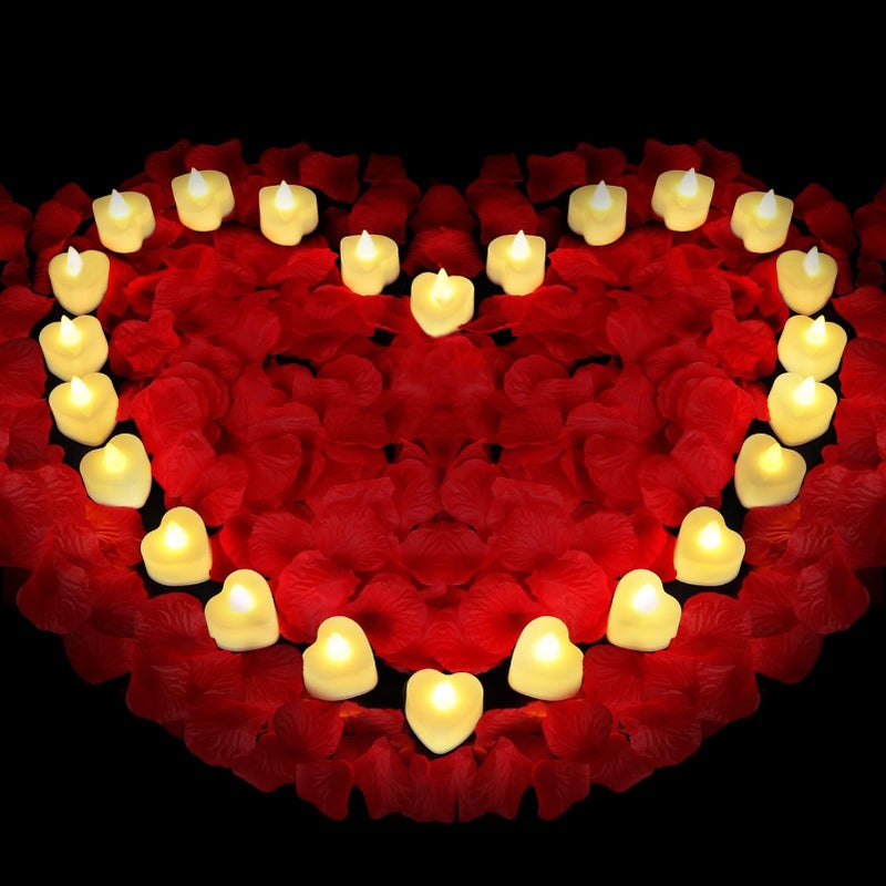 Childom Red Rose Petals Set1000 Pieces Artificial Rose Petals with 24 Pieces LED Tea Lights CandlesRoses Petal for Romantic Night for HerProposal Decorations for WomenWeddingBedroomAnniversary