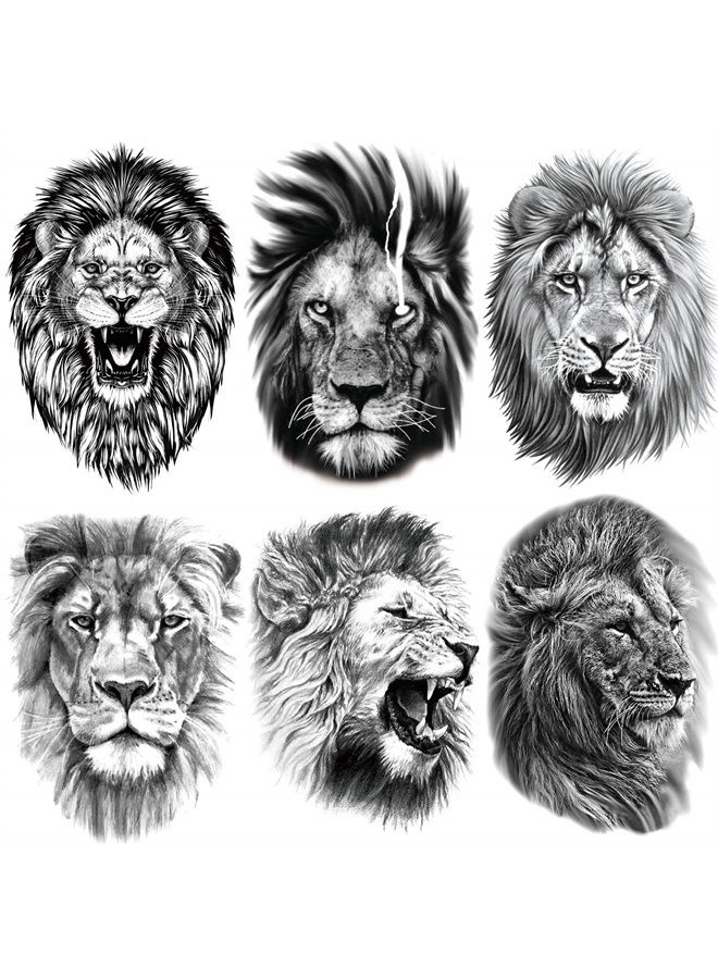 6 Sheets Large 3D Black Lion Face Temporary Tattoos for Men Women, Half Arm Sleeve Tattoo Stickers for Teens Adults, Waterproof Black Lion King Fake Tatoo