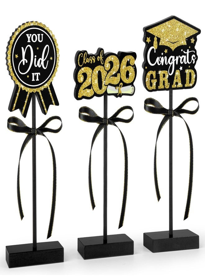Sereliy 2026 Graduation Table Decorations Wooden Sign, 3Pcs Black and Gold Graduation Tiered Tray Decor, Shiny Class of 2026 Sign (Black.2026) - Image 1