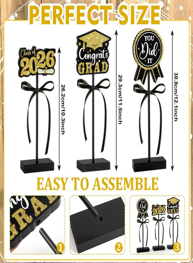 Sereliy 2026 Graduation Table Decorations Wooden Sign, 3Pcs Black and Gold Graduation Tiered Tray Decor, Shiny Class of 2026 Sign (Black.2026) - Image 2