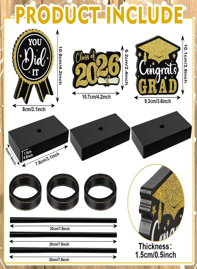 Sereliy 2026 Graduation Table Decorations Wooden Sign, 3Pcs Black and Gold Graduation Tiered Tray Decor, Shiny Class of 2026 Sign (Black.2026) - Image 3