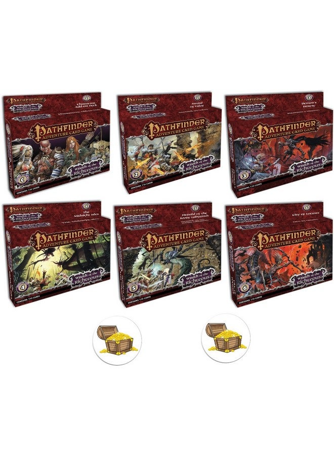 Bundle of All 6 Pathfinder Adventure Card Game Wrath of The Righteous Expansion Decks and 2 Treasure Chest Buttons