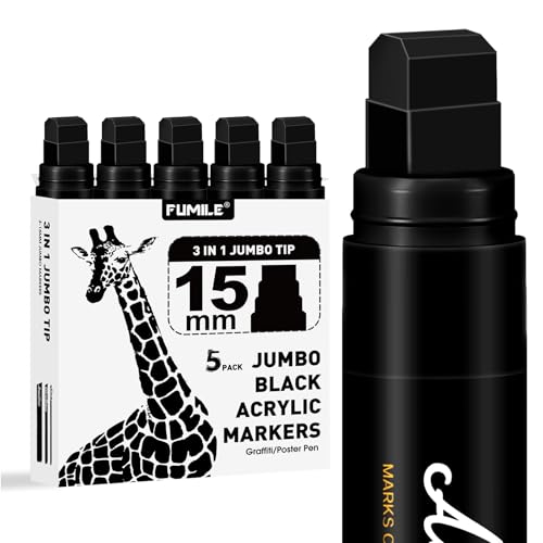 FUMILE 5 Pcs Black Jumbo Poster Marker15mm Wide Tip Thick Acrylic Paint Pen Paint MarkersBlack Graffiti Markers for PosterGlassRock PaintingCeramicWoodMurals and Canvas - Image 1