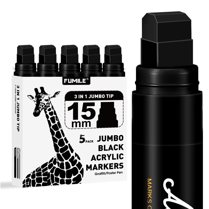 FUMILE 5 Pcs Black Jumbo Poster Marker15mm Wide Tip Thick Acrylic Paint Pen Paint MarkersBlack Graffiti Markers for PosterGlassRock PaintingCeramicWoodMurals and Canvas - Image 2