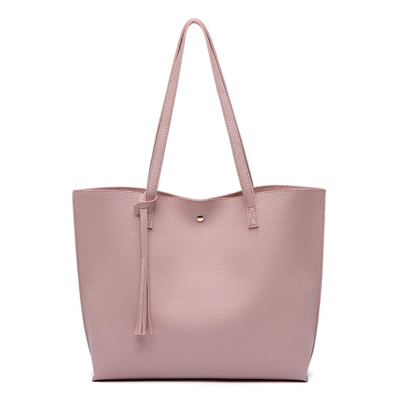 Dreubea Women's Soft Faux Leather Tote Shoulder Bag from, Big Capacity Tassel Handbag Baby Pink - Image 1
